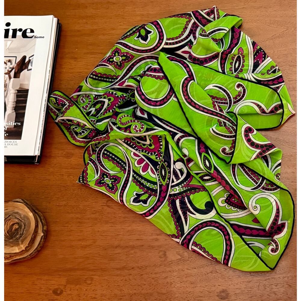 Vintage Paisley Cotton Scarf 66"×12.5″ Green Pink Floral Boho Chic Spring/Summer